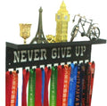 Never Give Up Medal Hanger Display - 3" Trophy Shelf with Hooks | Easy Install Wall Shelf (Black)