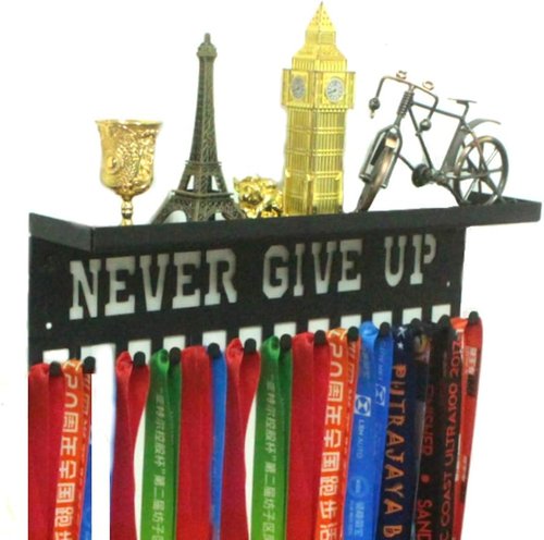 Never Give Up Medal Hanger Display - 3" Trophy Shelf with Hooks | Easy Install Wall Shelf (Black)