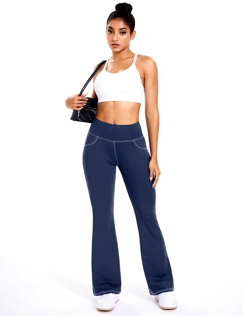 DemonQueen Women's Flare Yoga Pants，High Waisted Tummy Control Fitness Yoga Pants，Bootcut Pants for Women (US, Alpha, X-Large, Regular, Regular, Navy-Blue-White Line)
