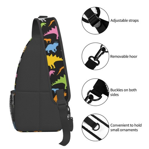 SURERUIM Cute Cartoon Dinosaur Sling Bag for Women Men Seamless Colorful Dinosaurs Pattern on Black Background Crossbody Chest Shoulder Bag Cartoon Dinosaur Backpack Casual Gym Travel Hiking Daypack