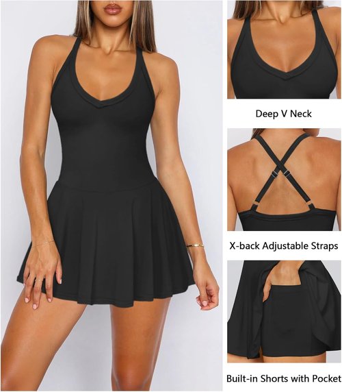 Hragc Women's V-Neck Pleated Flowy Tennis Dress - Athletic Summer Mini Dress with Pockets