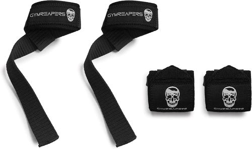 Gymreapers Weightlifting Wrist Wraps & Lifting Straps Combo - Competition Grade Support with Thumb Loop & Padded Neoprene (Black)