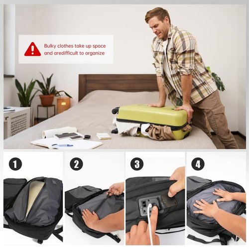 CCUNSZI Vacpack Backpack with Vacuum 60L One-Touch Air Extraction, TSA Approved Anti-Theft, Water Resistant Expandable Backpack,Black