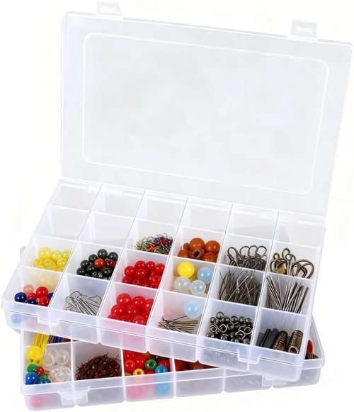 Megoogo Clear Plastic Organizer Box - 24 Grids with Adjustable Dividers for Crafts & Small Items | Bead Storage Container with Labels