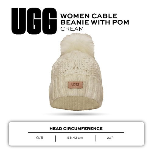 UGG, Womens, Cable Beanie With Pom, Cream, One Size