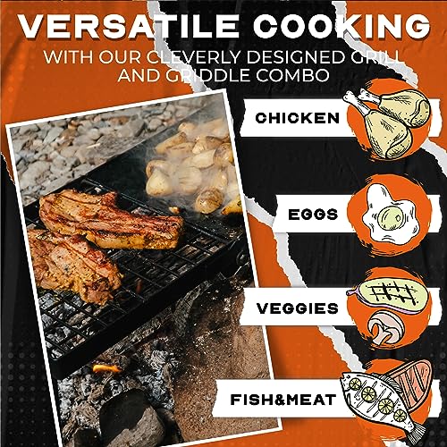 Heavy Duty Folding Campfire Grill with Griddle & Food-Safe Surface – Portable Over-Fire Cooking Grate