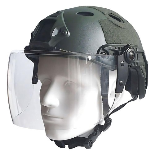 Tactical Airsoft Paintball PJ Type Fast Helmet with Face Shield Visor Goggles Side Rail & NVG Mount (OD Green)