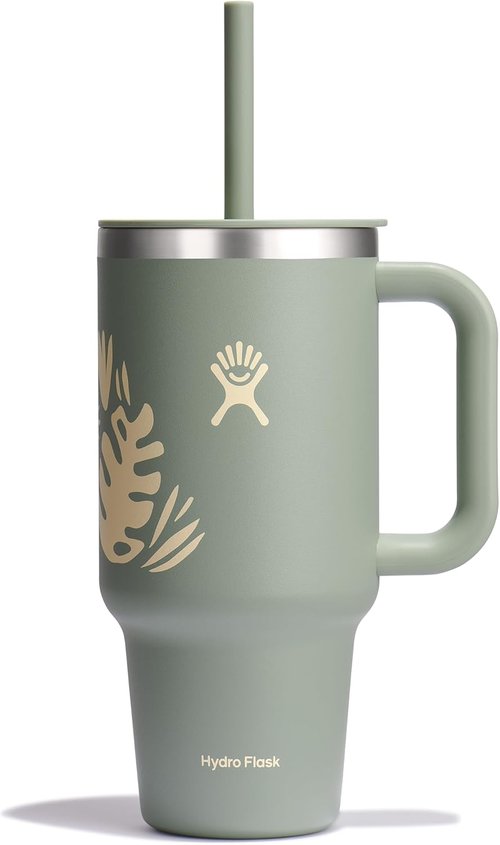 Hydro Flask Travel Tumbler - Insulated Stainless Steel with Handle & Straw | 32 Oz Botanical Bliss Green
