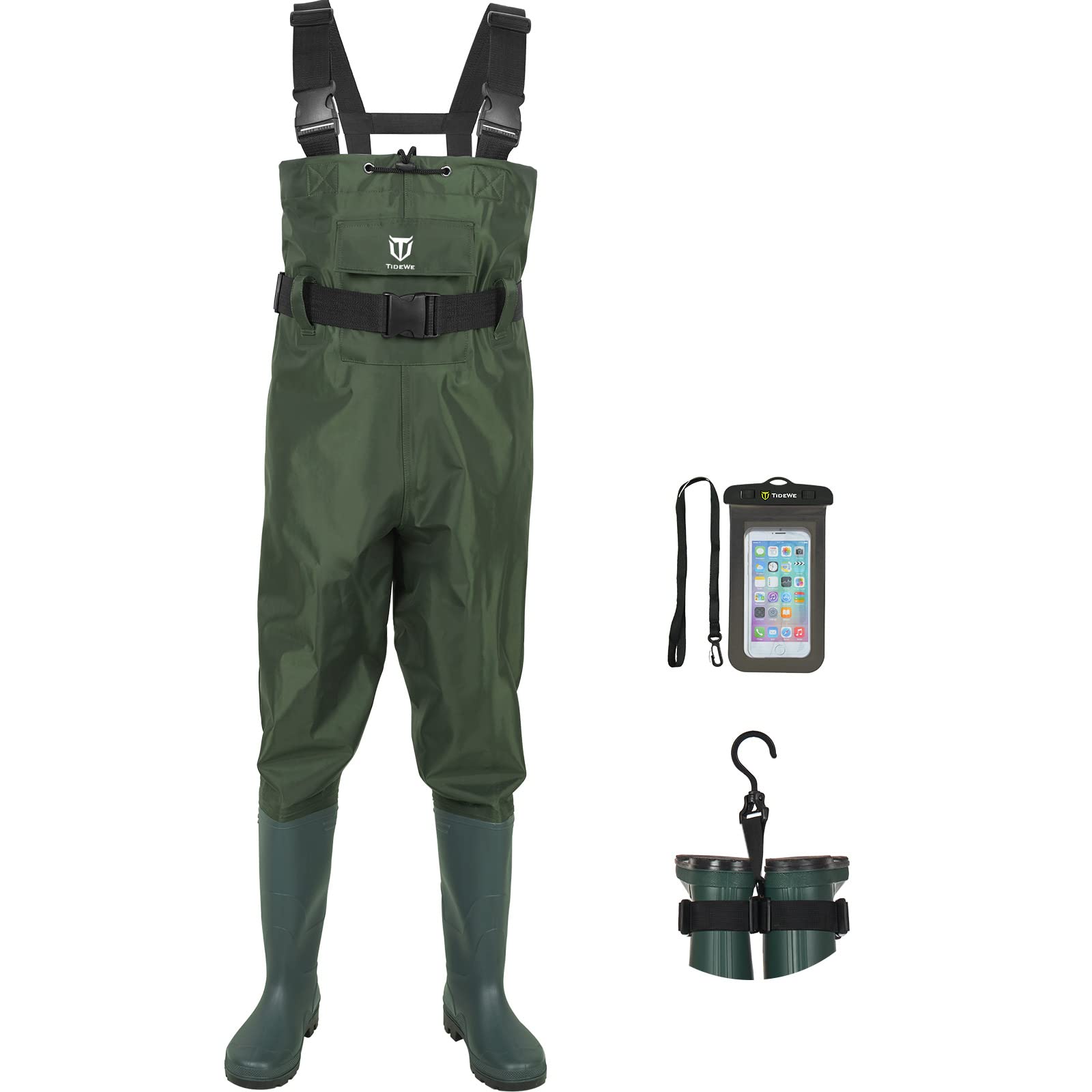 TIDEWE Bootfoot Chest Wader, 2-Ply Nylon/PVC Waterproof Fishing & Hunting Waders with Boot Hanger for Men and Women Green Size 13