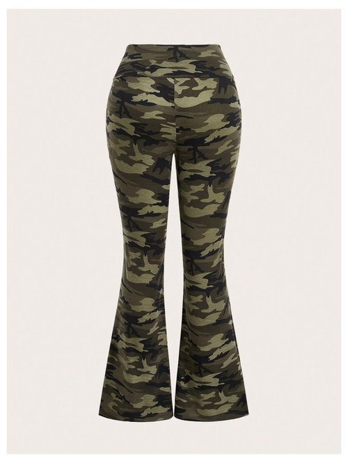 WDIRARA Women's Camo Print Elastic Waist Flare Leggings Crossover Bell Bottom Pants Army Green X-Large