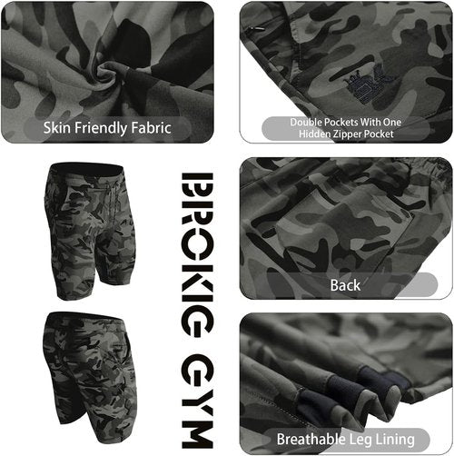 BROKIG Men's Athletic Workout Shorts - Slim Fit Mesh Design with Zipper Pockets for Gym & Running