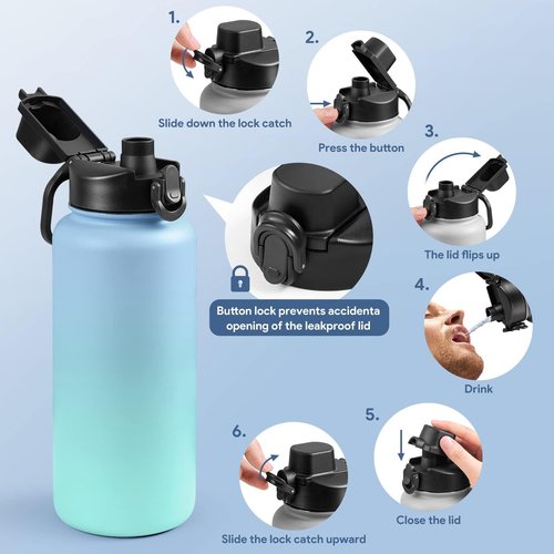Bosizhang Water Bottle Lid Replacement for Wide Mouth with D-ring shape locking carabiner, Auto Spout and Button Lock, Compatible with Hydro Flask, Bubba, Contigo, Iron Flask, Takeya and Other Brand