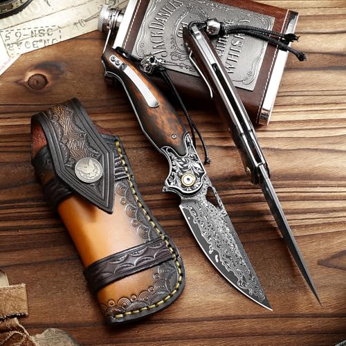 Damascus Steel Folding Pocket Knife with Leather Sheath - Outdoor EDC Tool