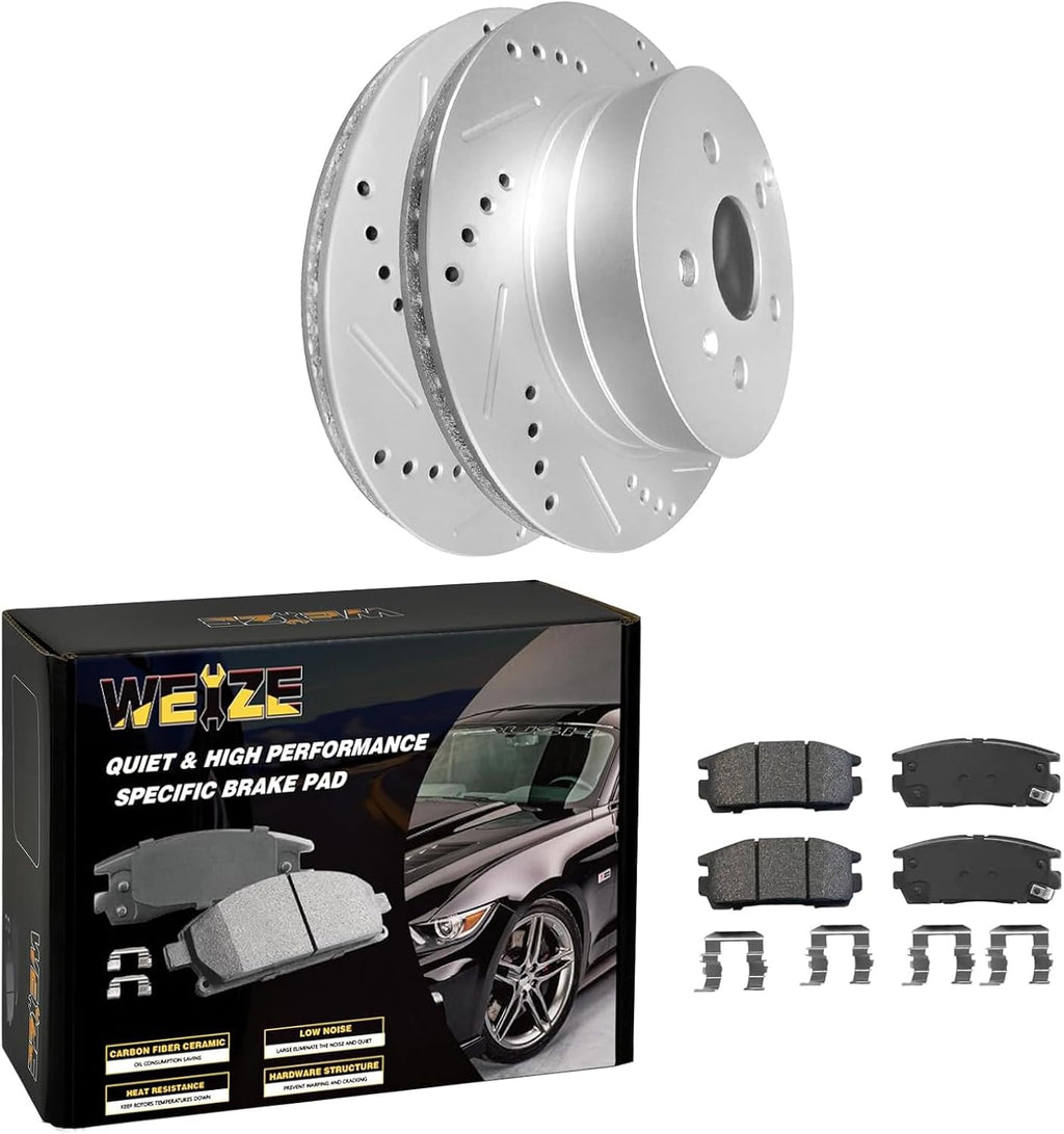 WEIZE Rear Brake Kit - Carbon Fiber Ceramic Pads & Drilled/Slotted Rotors for Chevy Equinox/GMC Terrain 2010-2017
