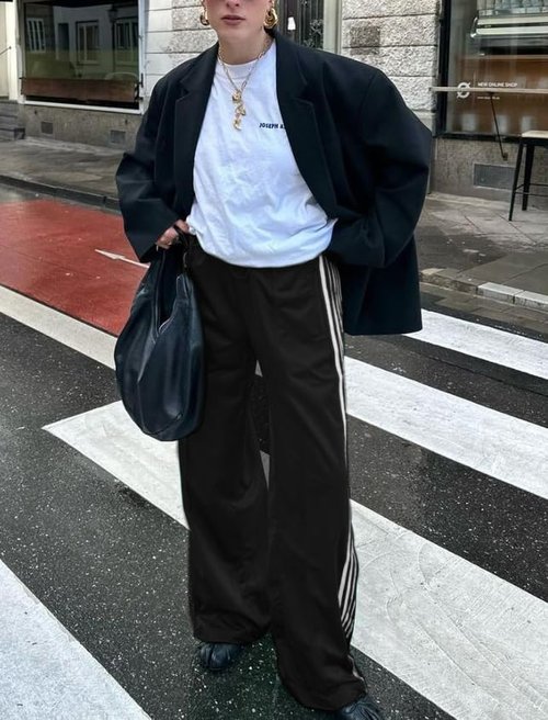 KMBANGI Women Striped Track Pants Elastic Waist Straight Leg Sweatpants Joggers Wide Leg Side Stripes Pants with Pockets(Casual Black,S)
