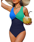 Holipick Blue Green Block Women Tummy Control One Piece Swimsuit - Push Up Bathing Suit Full Coverage Slimming Swimwear M
