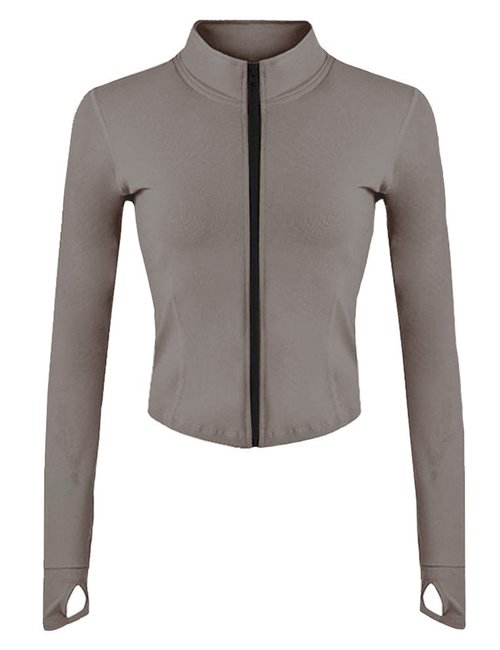 Gnveub Women’s Sports Running Jacket Slim Fit Stretchy Full Zip Athletic Workout Lightweight Jacket with Thumb Holes(Khaki,XS)