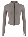 Gnveub Women’s Sports Running Jacket Slim Fit Stretchy Full Zip Athletic Workout Lightweight Jacket with Thumb Holes(Khaki,XS)