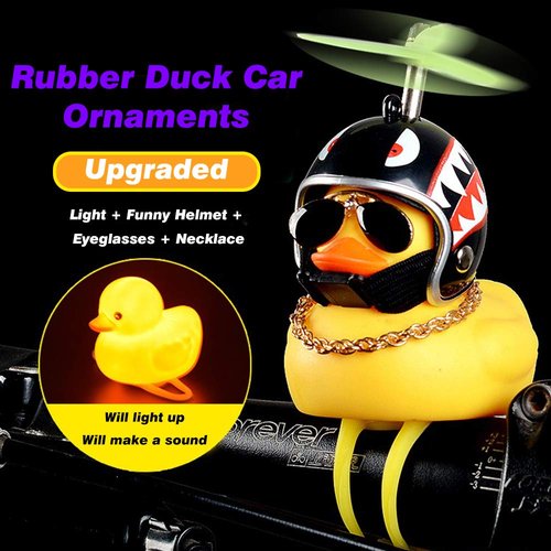 wonuu Rubber Duck Car Ornaments, 2Pcs Yellow Duck Car Dashboard Decorations Squeeze Duck Bicycle Horns with Propeller Helmet