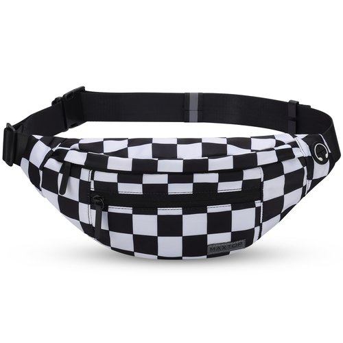 MAXTOP Checkered Fanny Pack Crossbody Bag with 4-Zipper Pockets Large Belt Bag for Enjoy Festival Sports Workout Traveling Running Casual Hands-Free Waist Bag Black and White Checkered