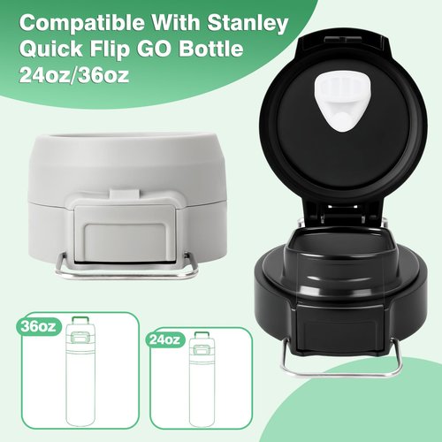 2Pcs Lid Replacement for Stanley Quick Flip GO, Cover Cap for Stanley Quick 24oz/36oz, BPA-Free Push Button, Leakproof Flip GO Lid with Carry Loop for Travel/Sports, No Spill Reuse Top, Gray Black