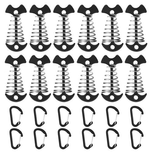 12 Pack Deck Anchors Pegs with Carabiners - Aluminum Rope Tensioner; Tent Tie Down Stakes, Windproof Canopy Tent Anchors, Outdoor Camping Accessories