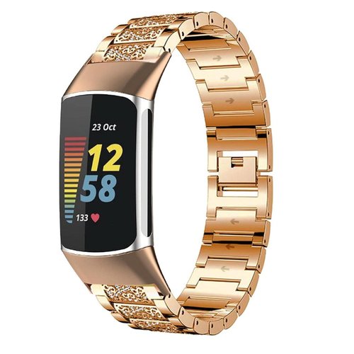 Abanen Bling Crystal Bands for Fitbit Charge 5 / Charge 6, Alloy Metal Bands Adjustable Women Wristbands Strap for Fitbit Charge 5 (Rose Gold)