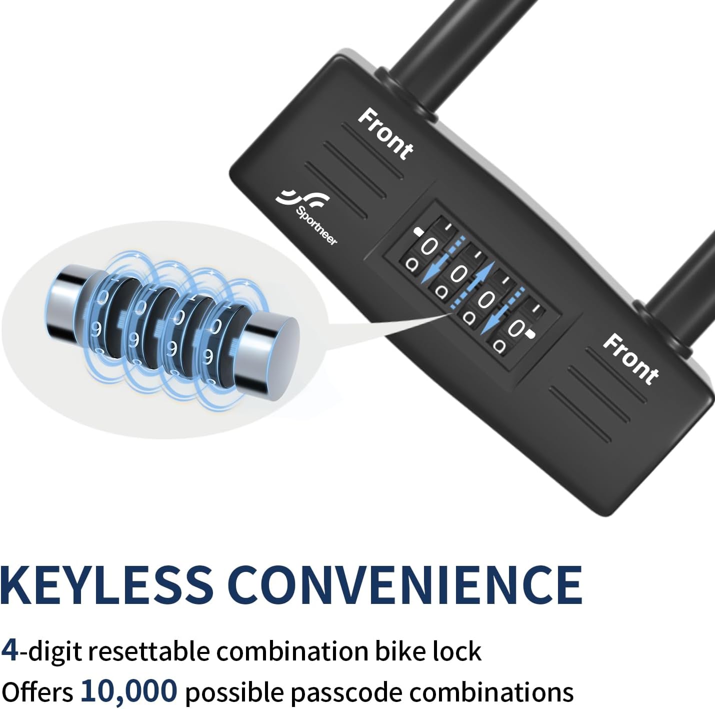 Sportneer Bike Lock - 14mm Keyless Combination U-Lock with 5ft Security Cable | Heavy-Duty Anti-Theft Design, 9.05''x4.9''