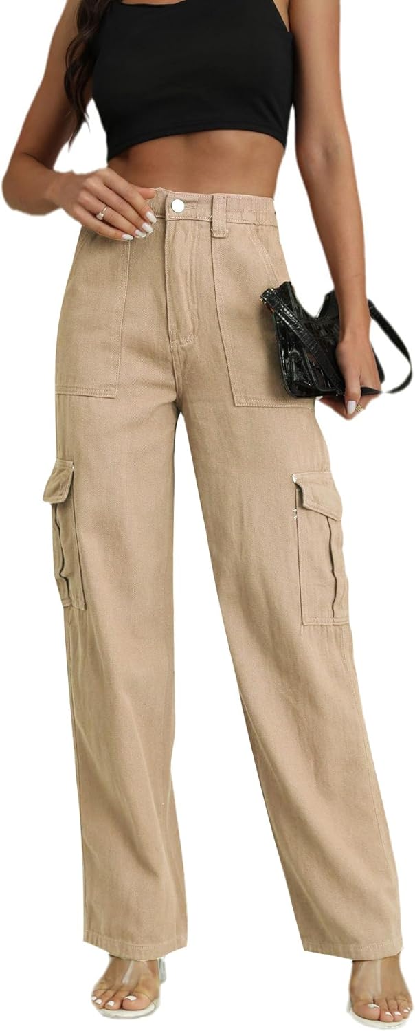 Skiennix High Waisted Cargo Pants - Casual Wide Leg Trousers with 6 Pockets | Y2K Style, Baggy Fit