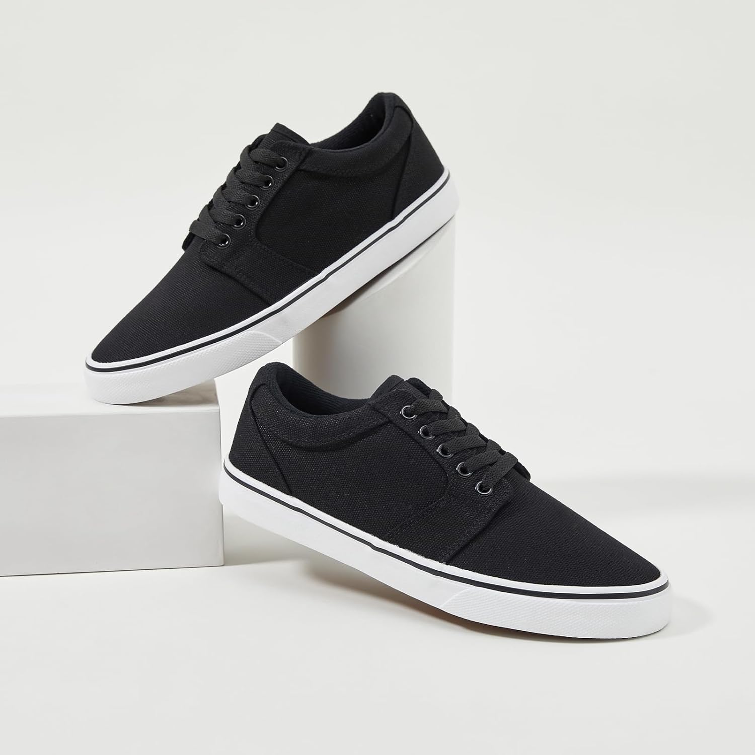 BENPAO Men's Casual Sneakers - Stylish Low Top Lace-Up Canvas Shoes in White and Black