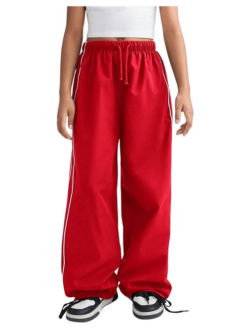 RoseSeek Girl's Wide Leg High Waist Sweatpants Side Striped Extra Long Baggy Track Pants Trousers Red 12Y