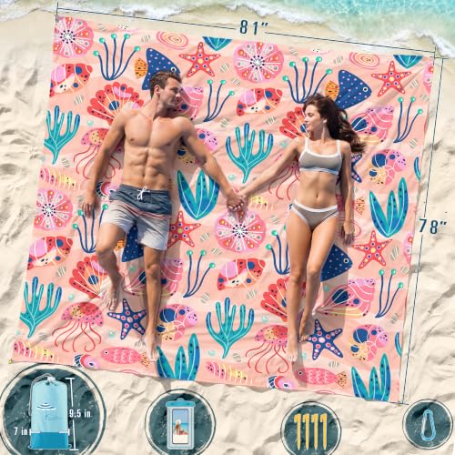 Pink Ocean Beach Blanket Sandproof Waterproof 78x81 Inch Oversized Mat