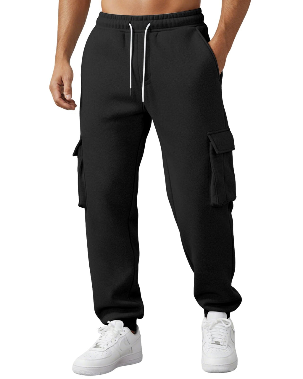 Wangdo Mens Cargo Sweatpants Heavyweight Elastic Waist Fleece Lined Joggers for Men with Pockets Baggy Drawstring Track Pants Black
