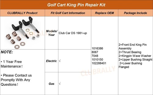 CLUBRALLY Golf Cart King Pin Repair Kit for 1981-Up Club Car DS Gas & Electric Golf Cart, OEM#1016386