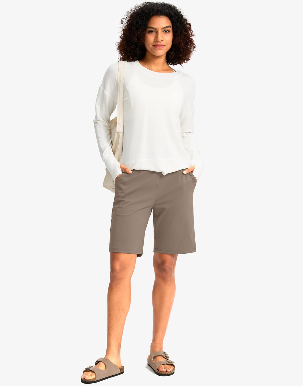 G Gradual Women's Bermuda Long Shorts with Pockets 9" High Waisted Knee Length Shorts for Women Walking Athletic Workout(Taupe,XXL)