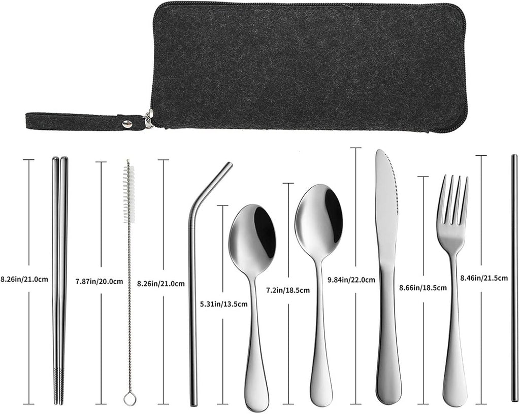 VANDBAO Portable Travel Utensils - Reusable Stainless Steel Flatware Set with Case | 9-Piece Silver Cutlery