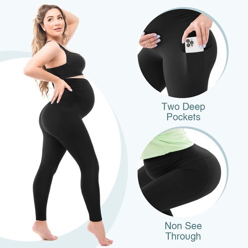Leafigure Maternity Leggings - Fleece Lined, Buttery Soft Yoga Pants with Pockets for Winter Comfort