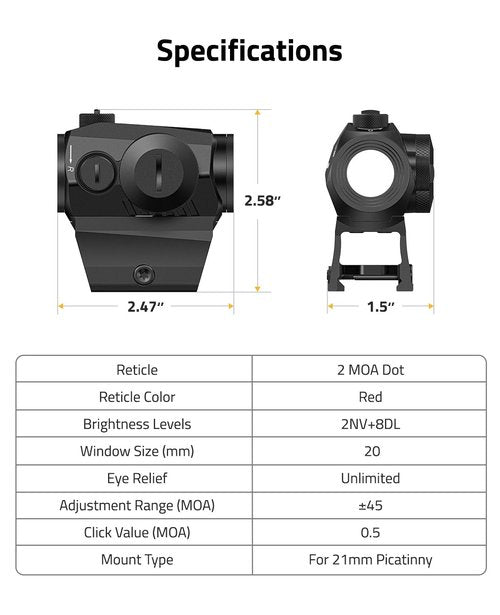 CVLIFE WildHawk K01 Motion Awake Red Dot Sight, 2 MOA Red Dot Scope with 10 Brightness 8DL&2NV,1x20mm Compact Optics with Absolute Co-Witness Mount for 21mm Picatinny, 50,000H Runtime IPX7 Waterproof