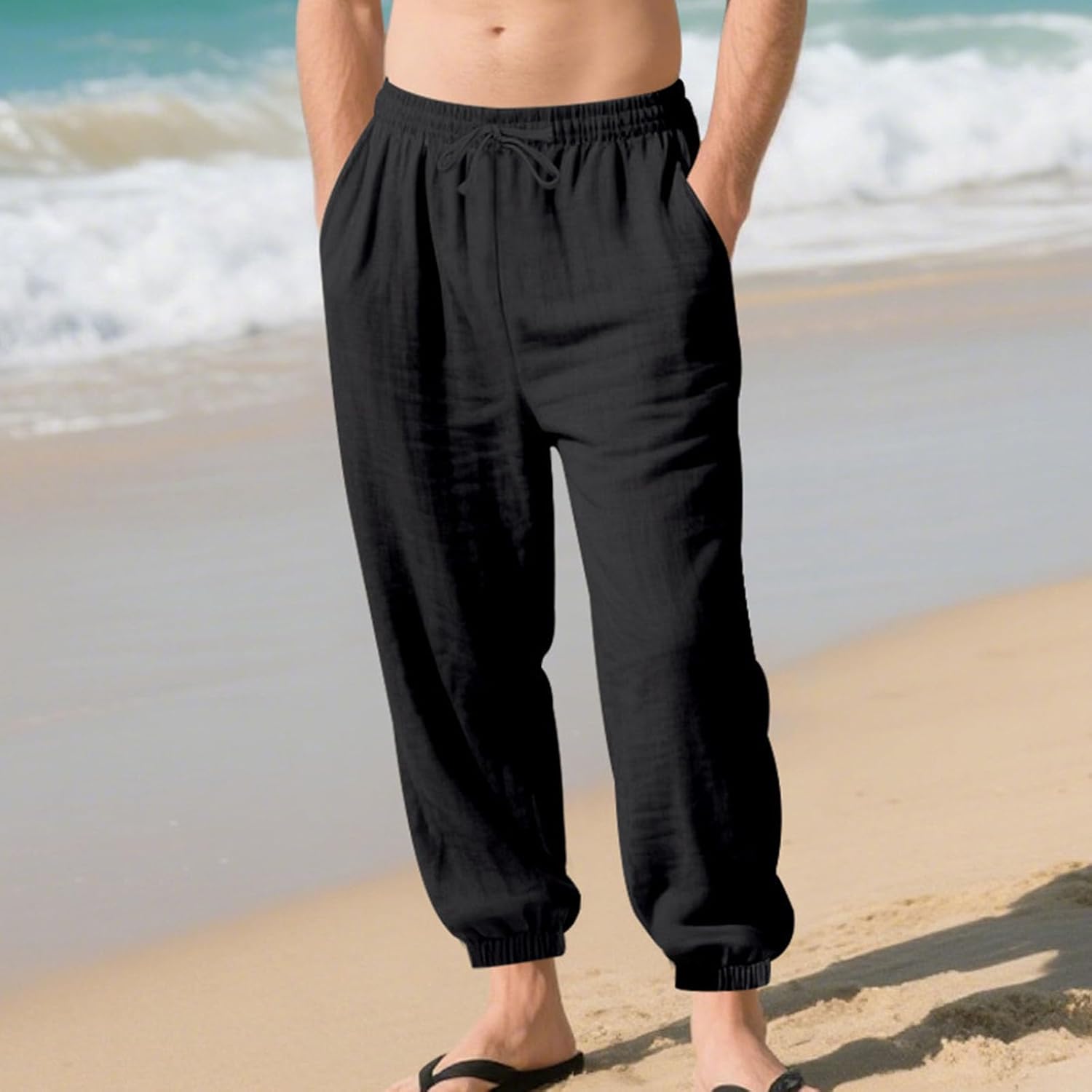 Skiennix Men's Lightweight Casual Pants - Elastic Waist & Drawstring | Summer Beach Jogging Trousers with Pockets