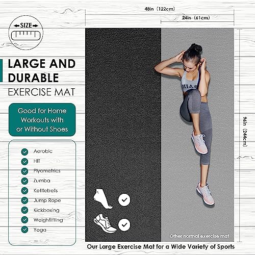 BesWin Large Exercise Mat 8' x 4' Black 6mm Non-Slip Gym Floor Mat
