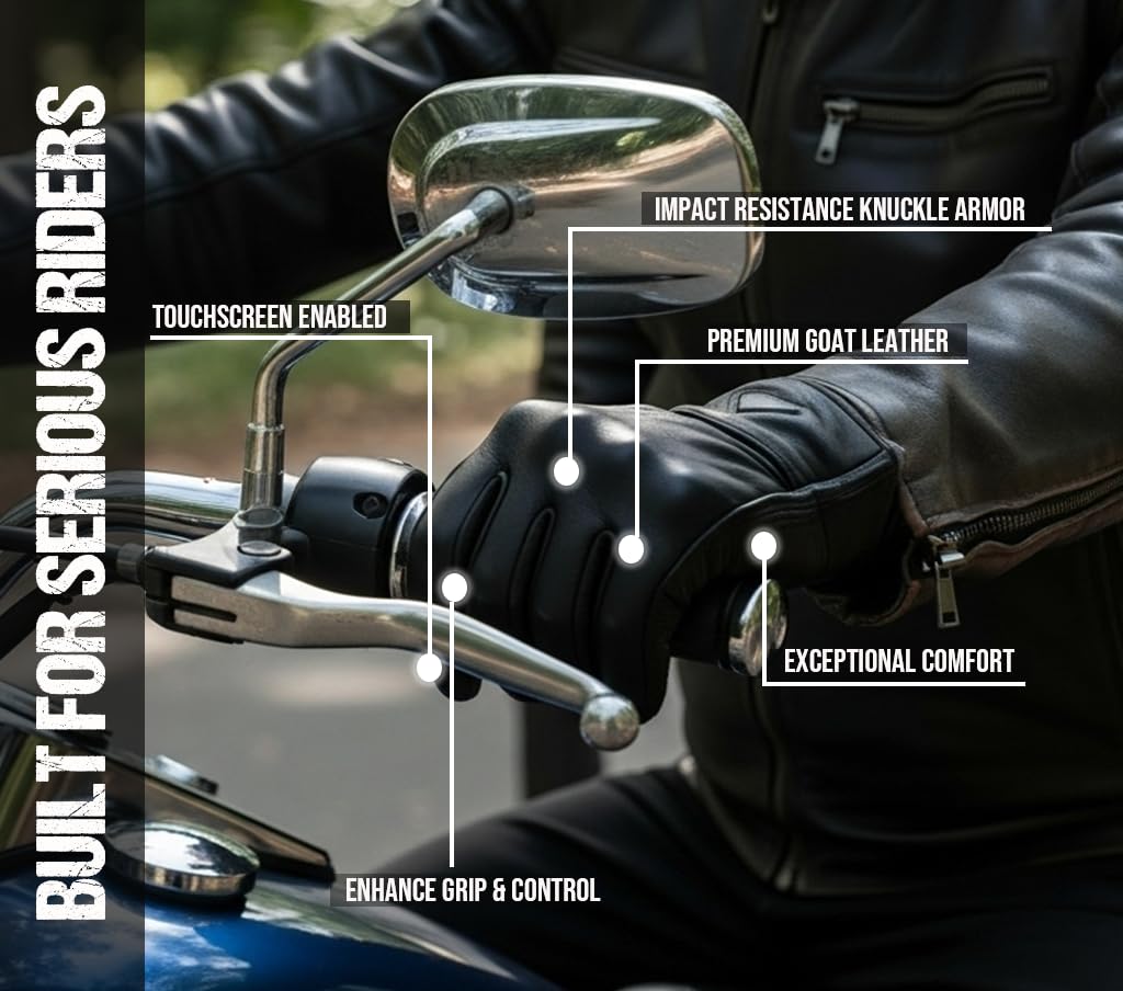 Jackets 4 Bikes Motorcycle Gloves - Premium Leather for Men, Touchscreen, Non-Slip, Motorbike Cruiser Street Biker Protector Black S