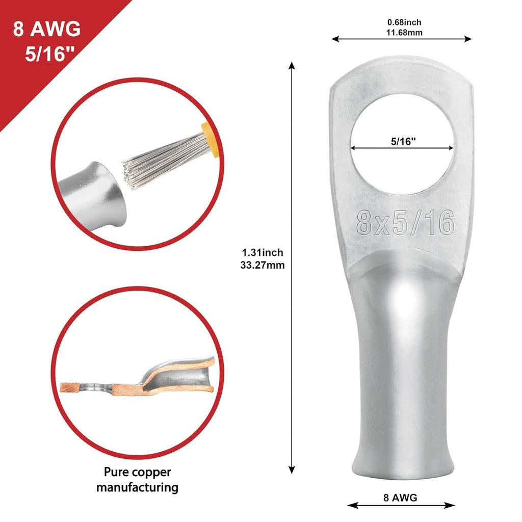 Sanuke 10-Pack 8 AWG Tinned Copper Wire Lugs - Marine Grade Battery Cable Ends with Heat Shrink Tubing