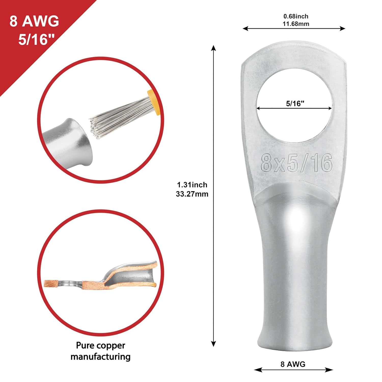 Sanuke 10-Pack 8 AWG Tinned Copper Wire Lugs - Marine Grade Battery Cable Ends with Heat Shrink Tubing