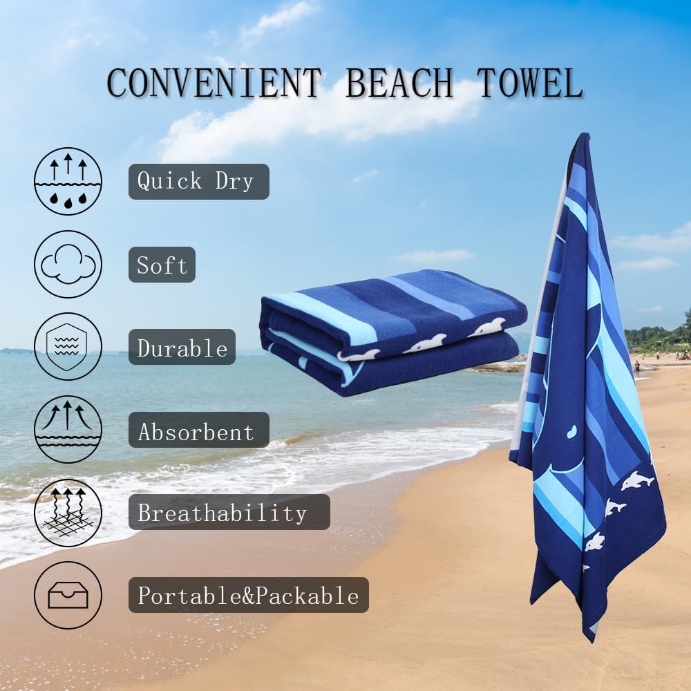 Skiennix Microfiber Beach Towels - Quick Dry & Sand Proof, 30"x60", Dolphin Design (2-Pack)