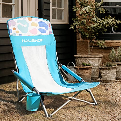 High Back Blue Beach Chairs with Dots - 2 Pack, Portable Folding Camping Chairs