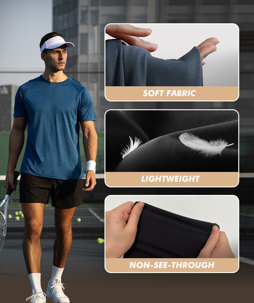 Skiennix Workout Shirts for Men - Quick Dry Black Moisture-Wicking Short Sleeve Tees | 5 Pack