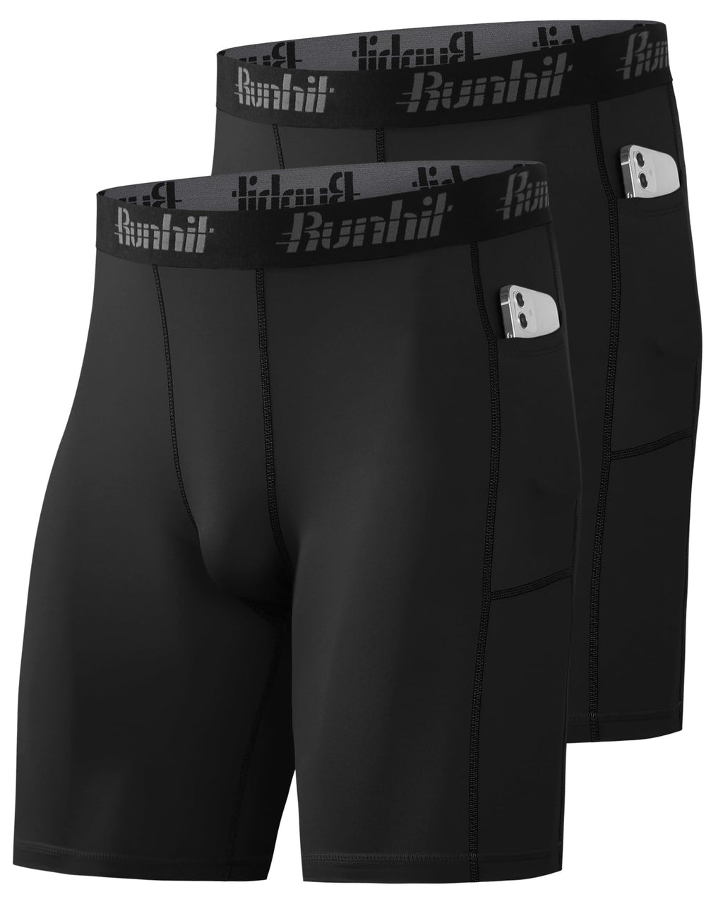 Runhit Compression Shorts Men Spandex Performance Athletic Shorts Workouts Sports Running Underwear with Pocket Black
