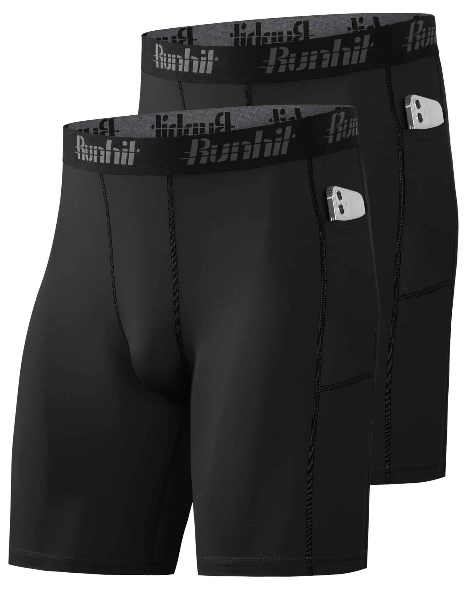 Runhit Compression Shorts Men Spandex Performance Athletic Shorts Workouts Sports Running Underwear with Pocket Black