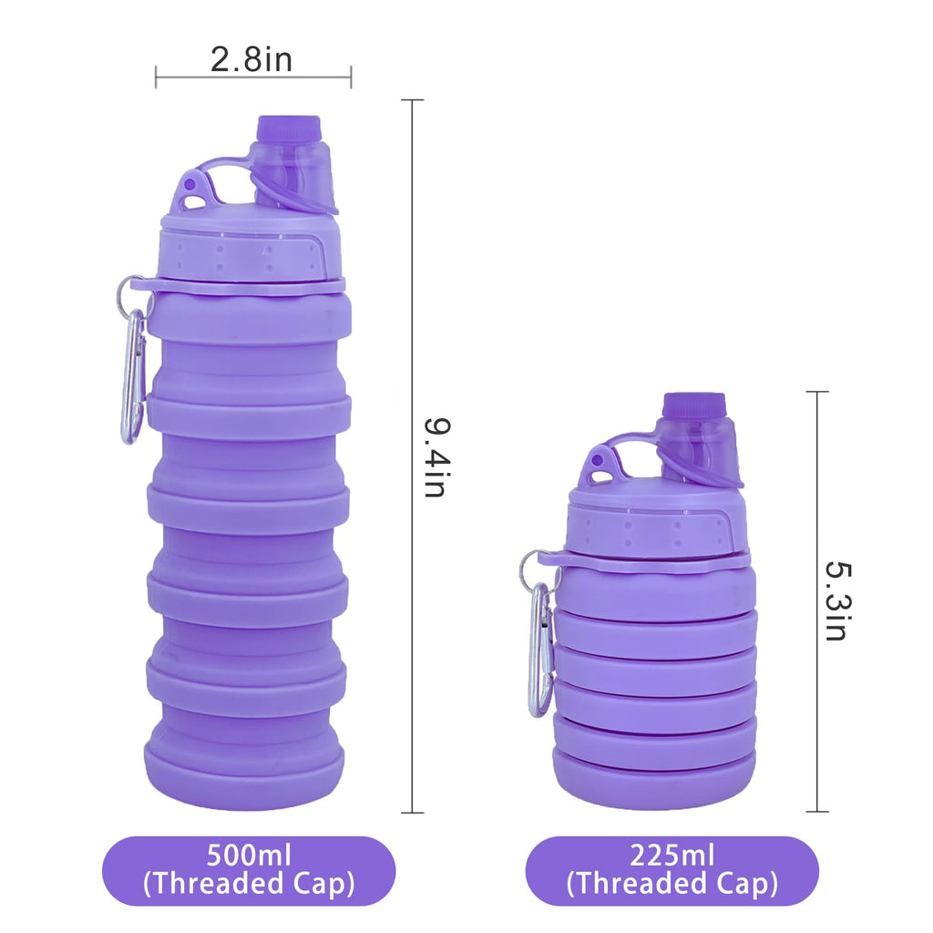 YCTMALL Collapsible Water Bottles Two Pack Travel Sports Portable Sport Water Bottle comes with mountaineering Buckle 500ml silicone Water-proof camping water bottle (Blue and Pueple Color)