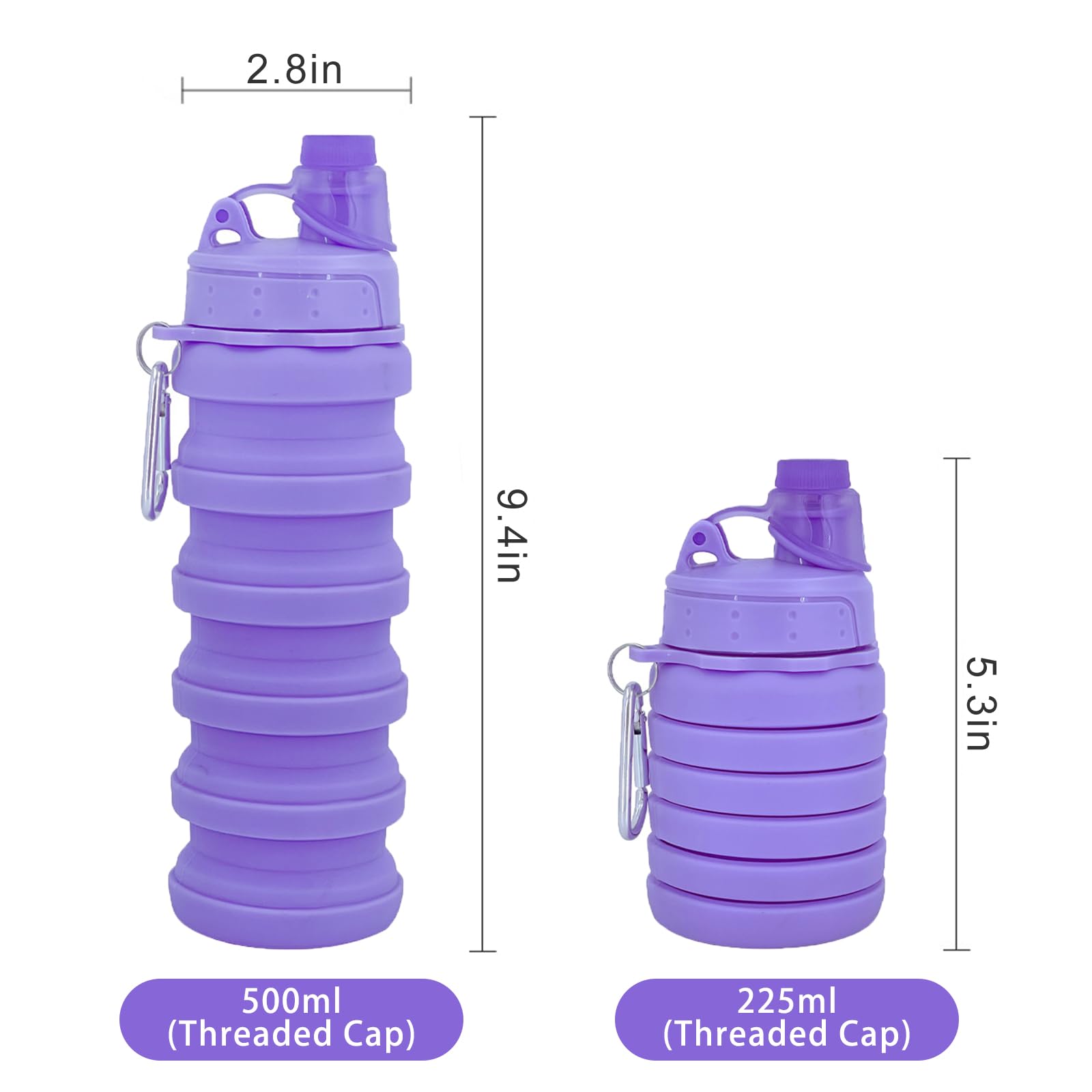 YCTMALL Collapsible Water Bottles Two Pack Travel Sports Portable Sport Water Bottle comes with mountaineering Buckle 500ml silicone Water-proof camping water bottle (Blue and Pueple Color)